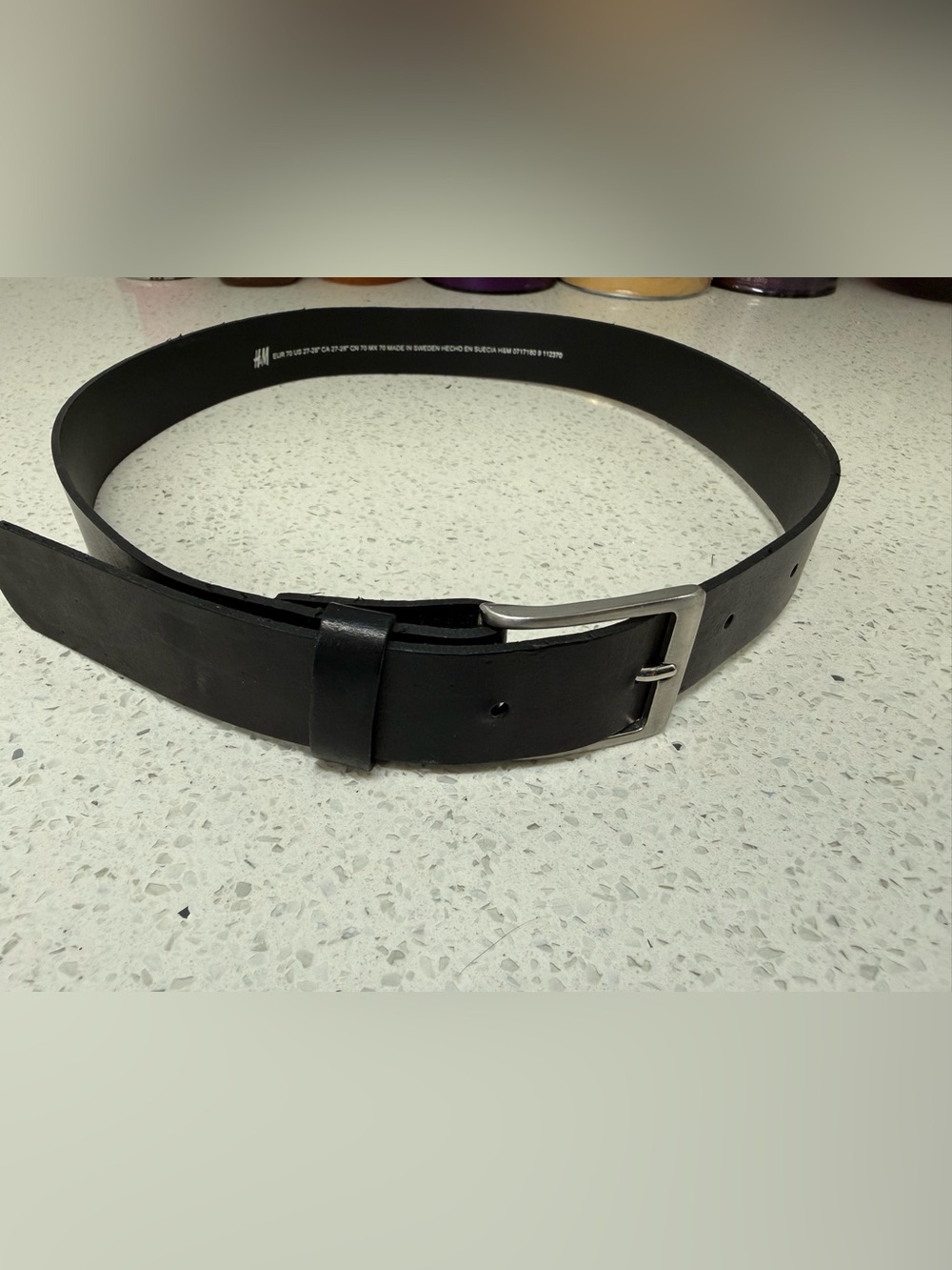 H&M Black Leather Belt Silver Buckle - made in Sweden fits women's XXS to XS